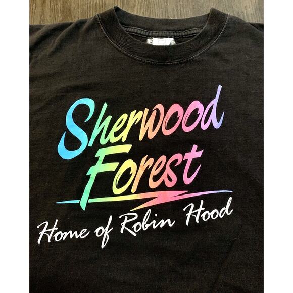 Vintage Jt’s Sherwood Forest Home Of Robin Hood T Shirt Neon Writing Men's Large - Picture 2 of 6